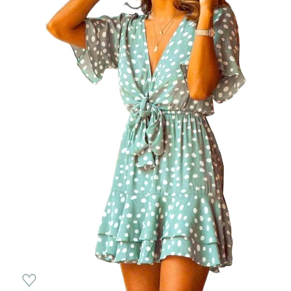 Polka Dot knot front ruffle short sleeve mini dress satiny fabric summer